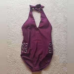 Plum Halter One-Piece Swimsuit with Grommet Details